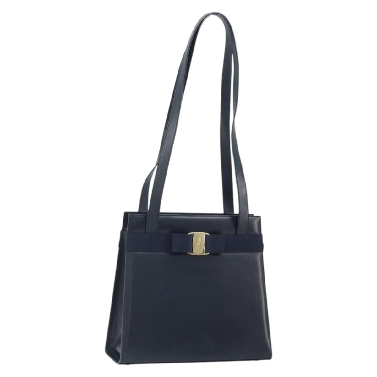Salvatore Ferragamo Vara Ribbon Shoulder Bag Leather Navy Gold Auth BA10602