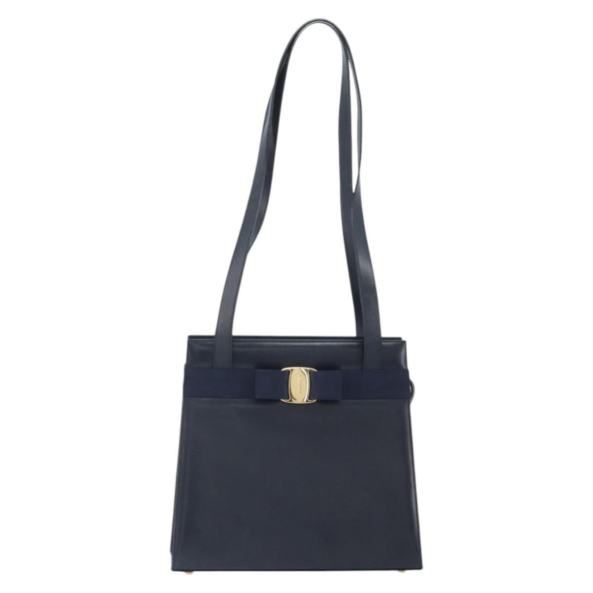 Salvatore Ferragamo Vara Ribbon Shoulder Bag Leather Navy Gold Auth BA10602