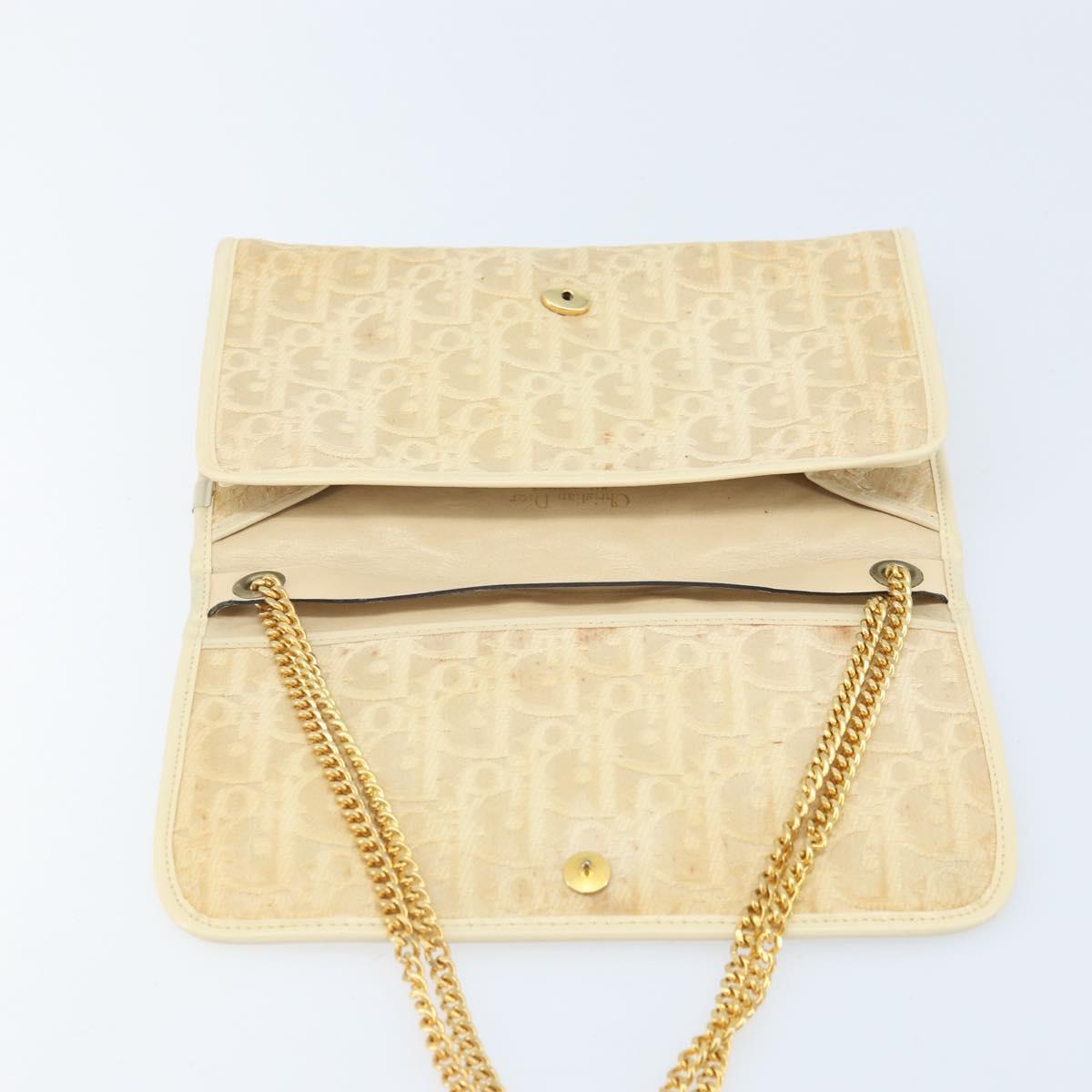 Christian Dior Trotter Canvas Chain Shoulder Bag Ivory Gold Auth BA10605