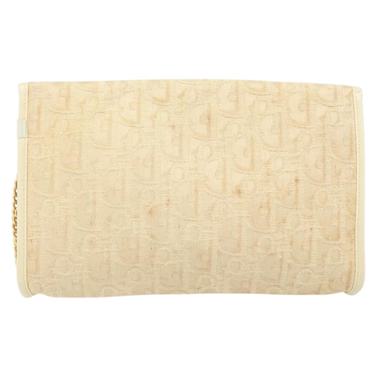 Christian Dior Trotter Canvas Chain Shoulder Bag Ivory Gold Auth BA10605