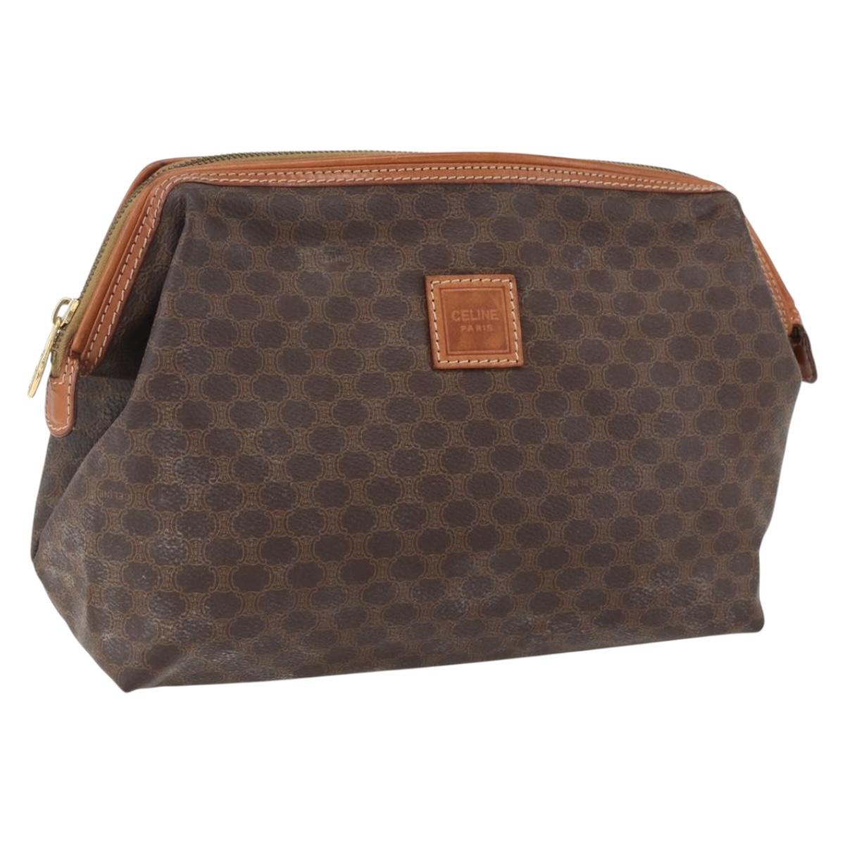 CELINE Macadam Canvas Clutch Bag PVC Leather Brown Gold Auth BA10610