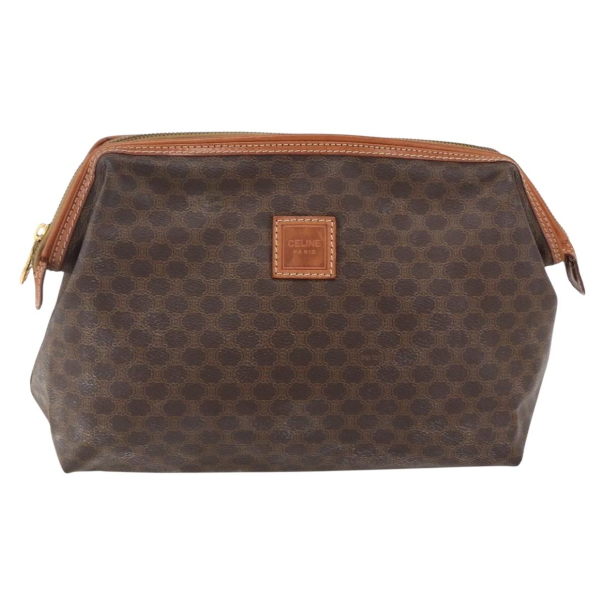 CELINE Macadam Canvas Clutch Bag PVC Leather Brown Gold Auth BA10610