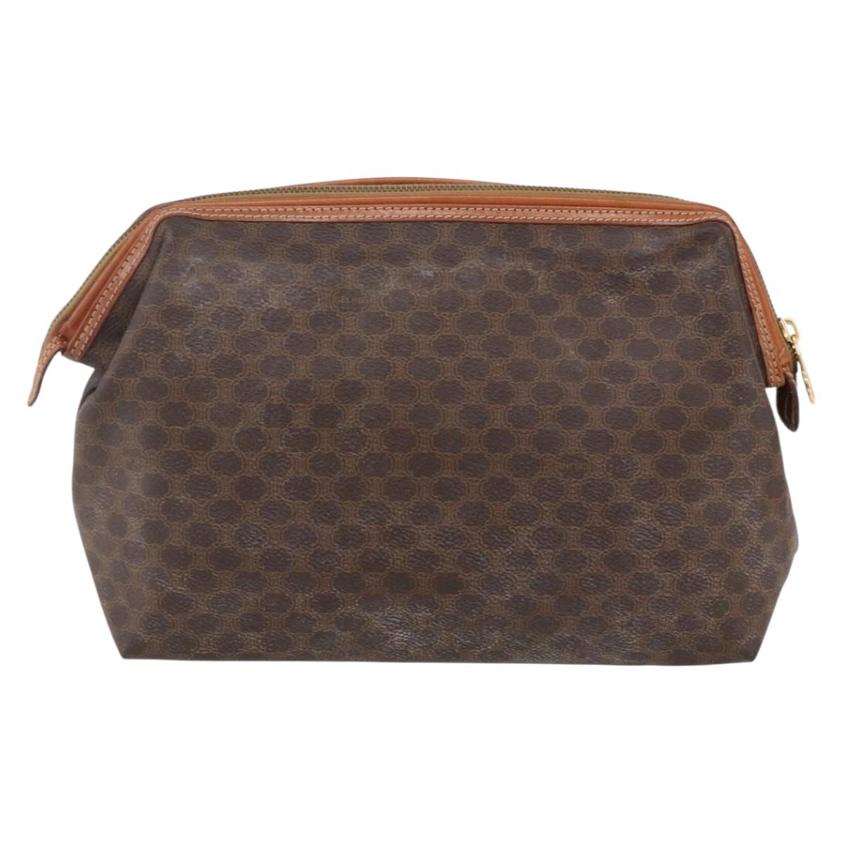 CELINE Macadam Canvas Clutch Bag PVC Leather Brown Gold Auth BA10610