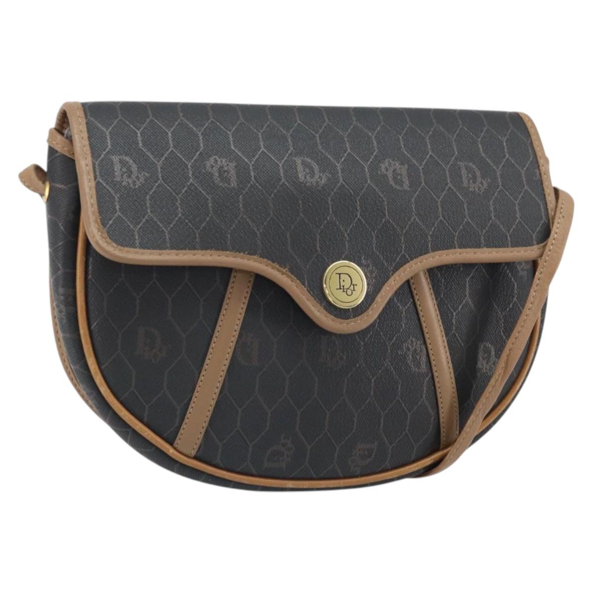 Christian Dior Honeycomb Canvas Shoulder Bag PVC Black Gold Auth BA10631
