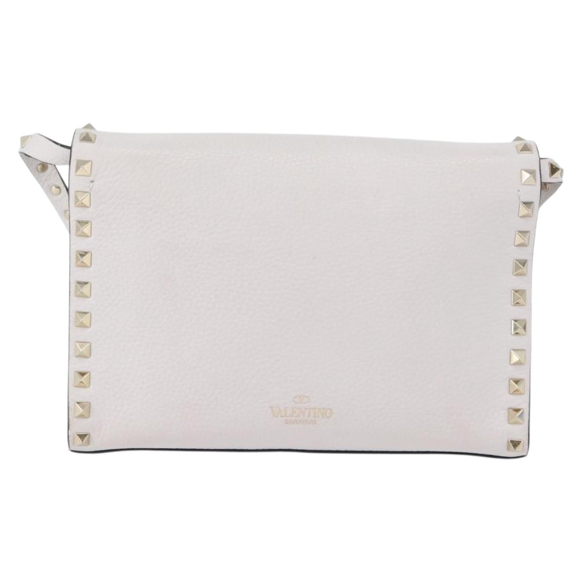 VALENTINO Shoulder Bag Leather White Gold Auth BA10633