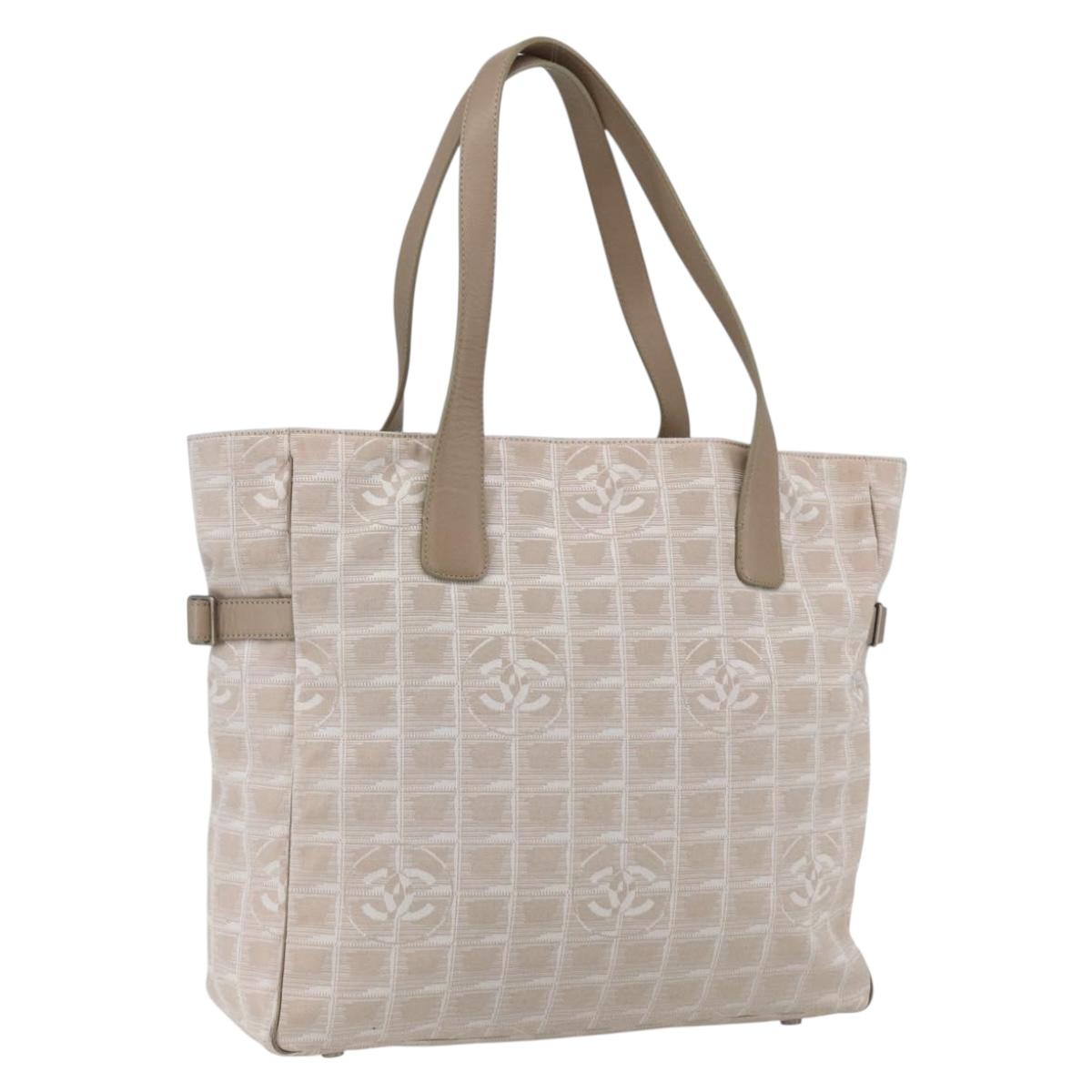 CHANEL New Travel Line Tote Bag Nylon Beige Silver CC Auth BA10644