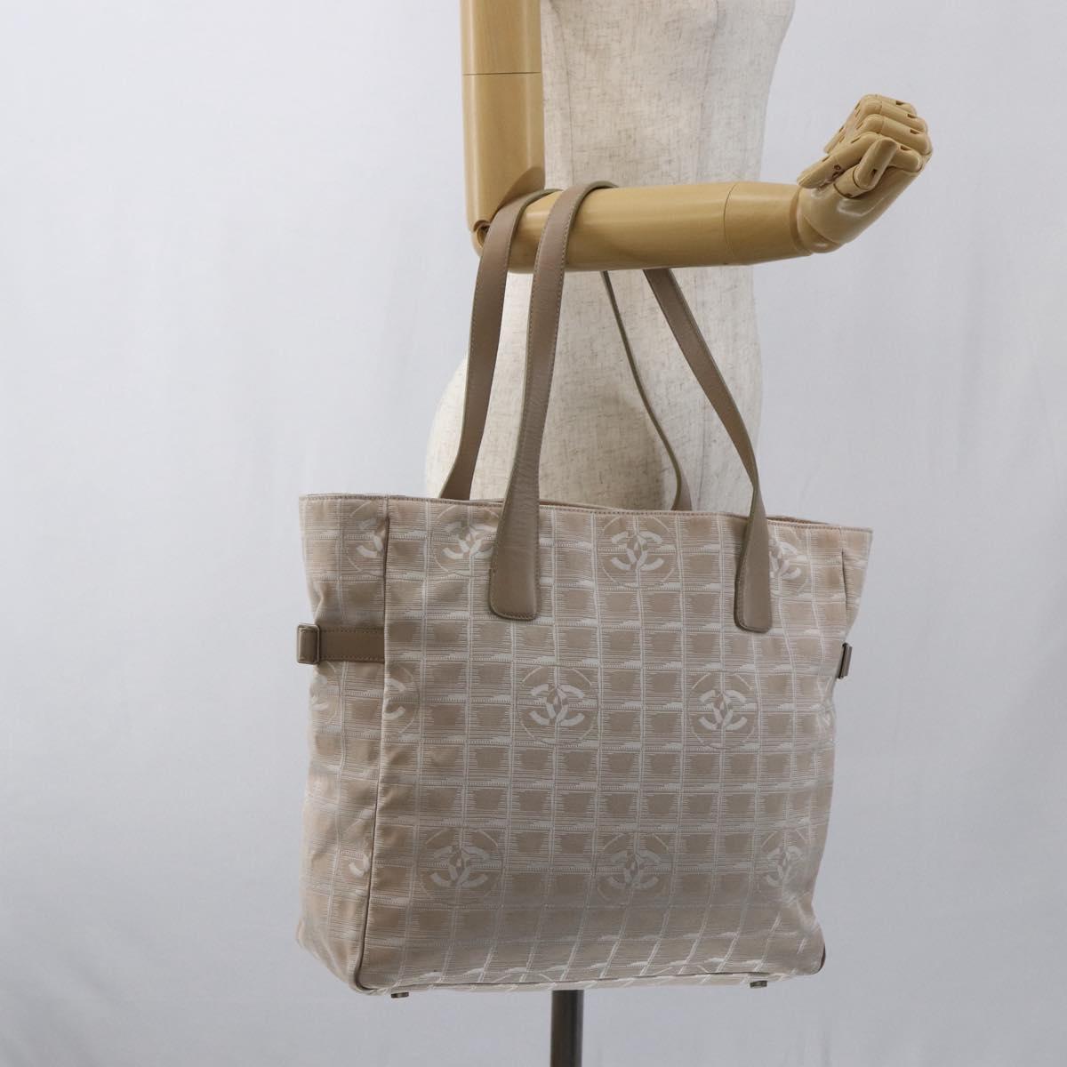CHANEL New Travel Line Tote Bag Nylon Beige Silver CC Auth BA10644