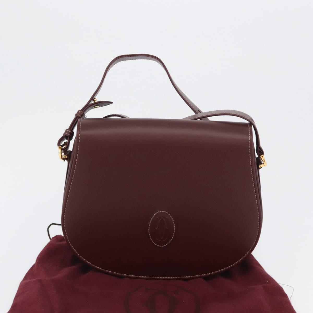 CARTIER Must Line Shoulder Bag Leather Bordeaux Gold Auth BA10646