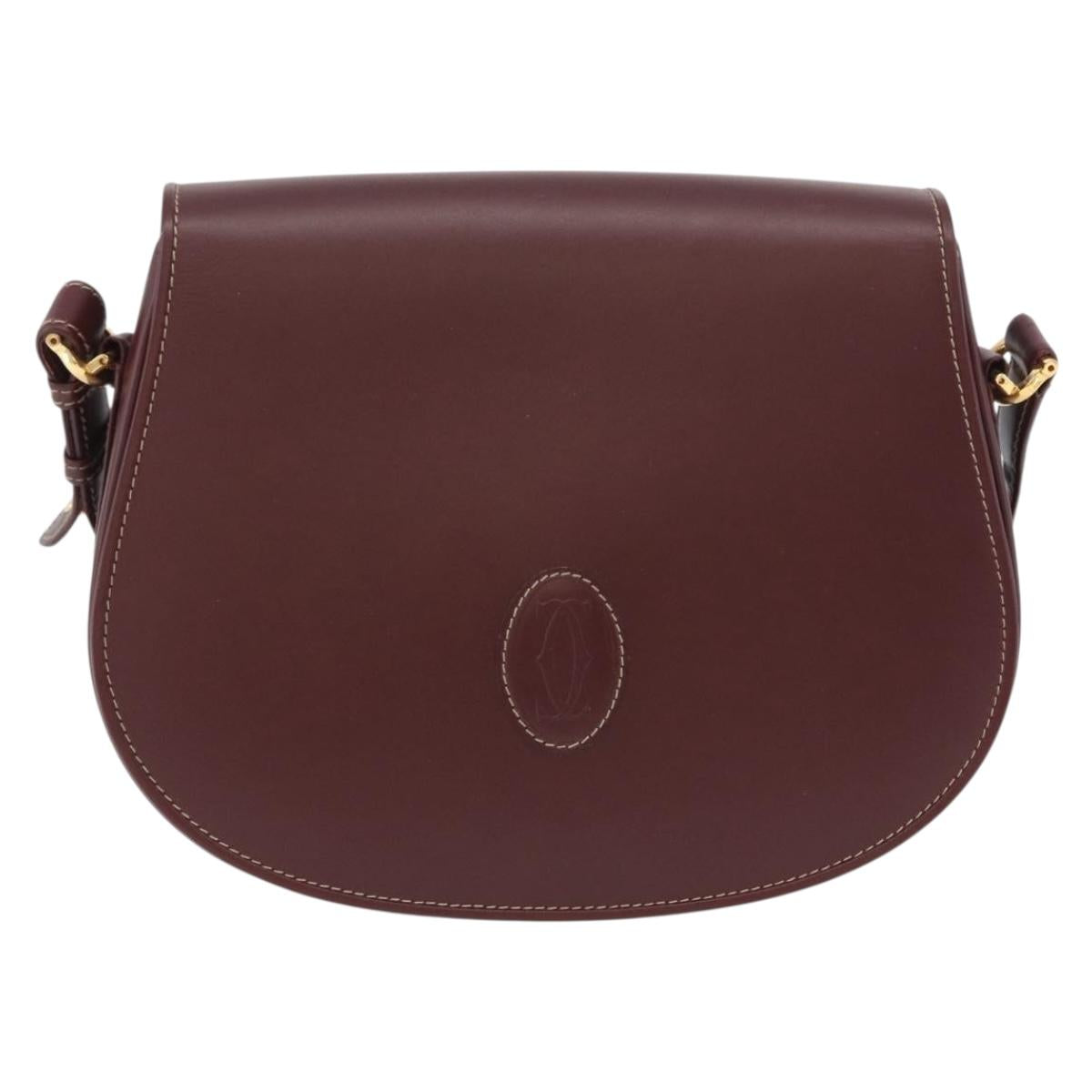 CARTIER Must Line Shoulder Bag Leather Bordeaux Gold Auth BA10646
