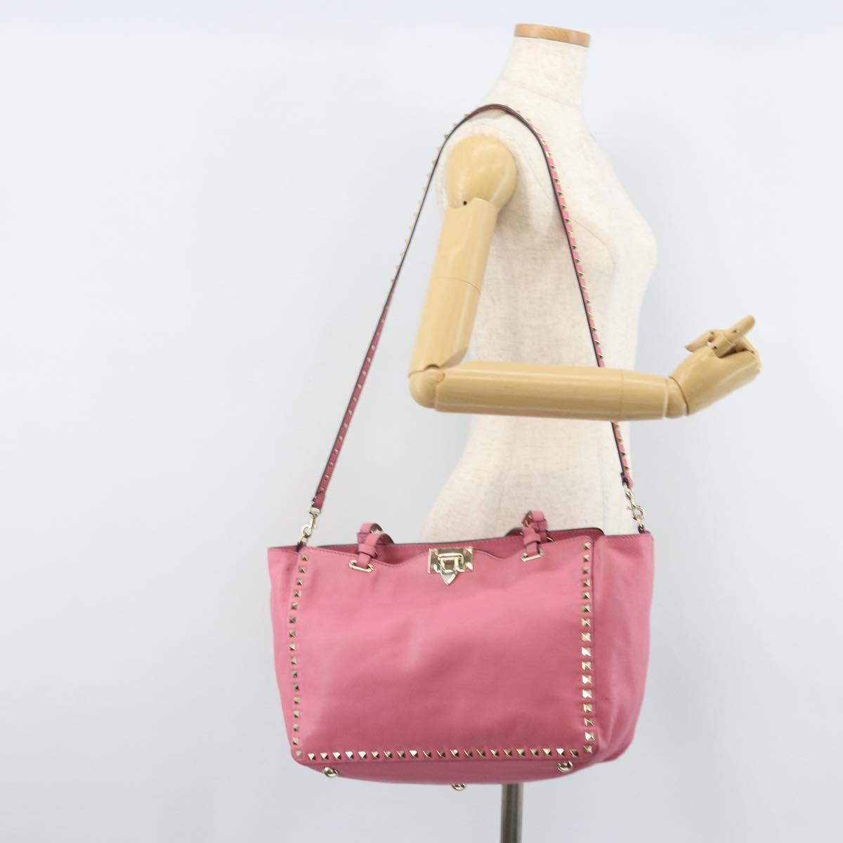 VALENTINO Studs Tote Bag Leather 2way Pink Gold Auth BA10650
