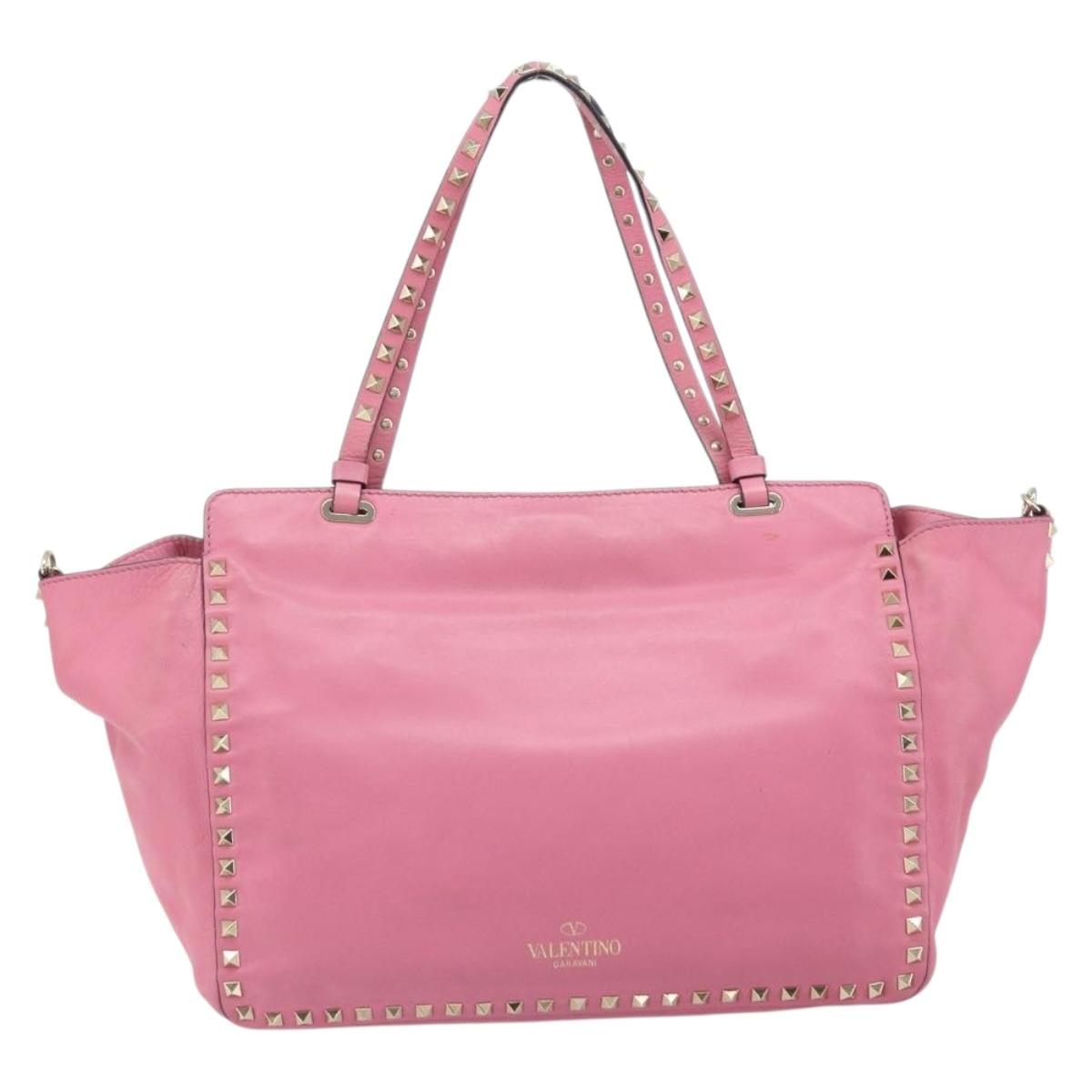 VALENTINO Studs Tote Bag Leather 2way Pink Gold Auth BA10650