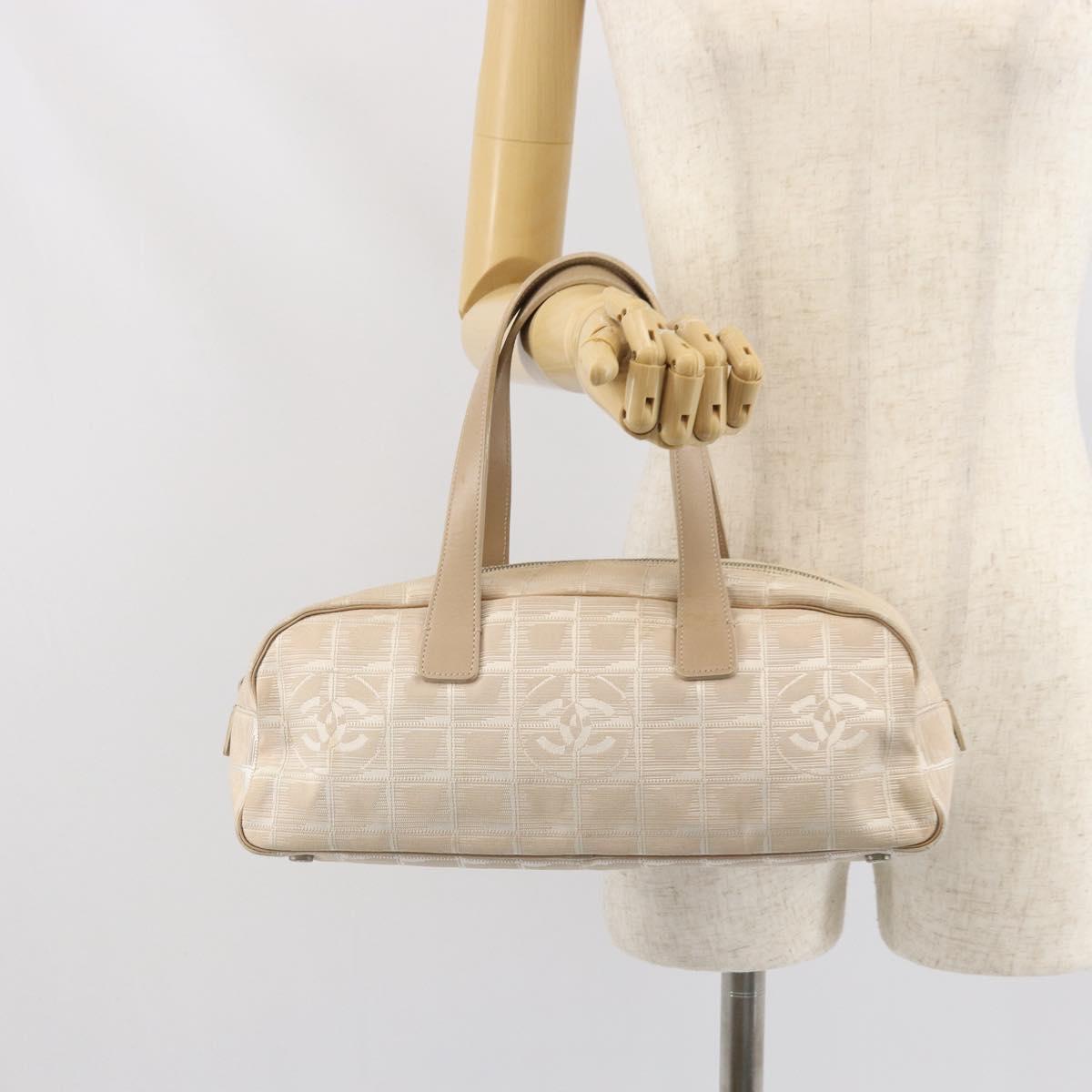CHANEL New Travel Line Hand Bag Nylon Beige Gold CC Auth BA10651