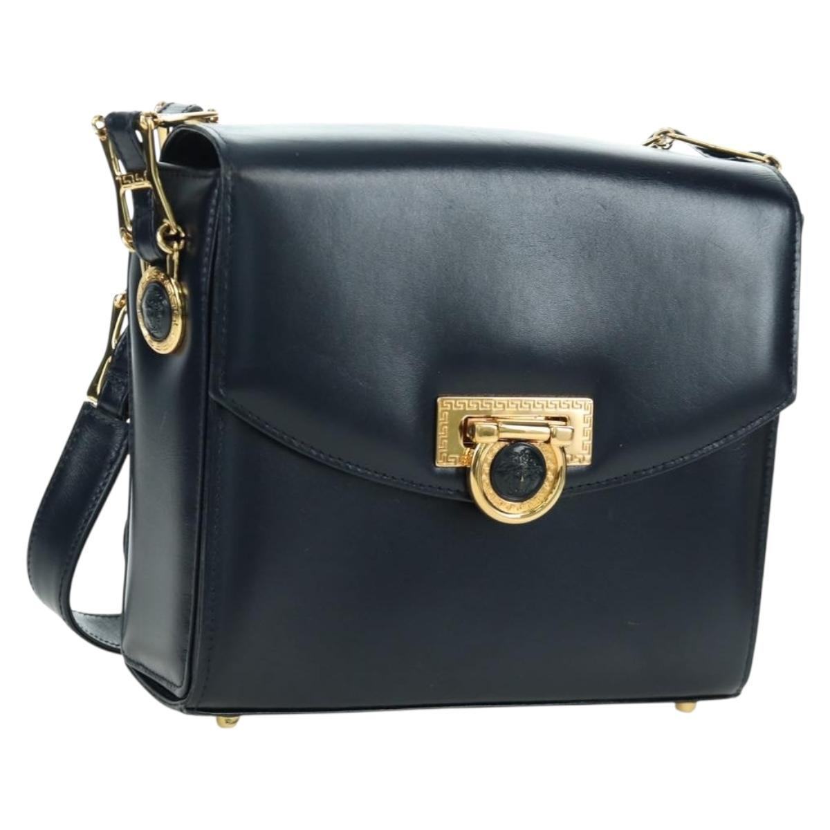 Gianni Versace Shoulder Bag Leather Navy Gold Auth BA10657V