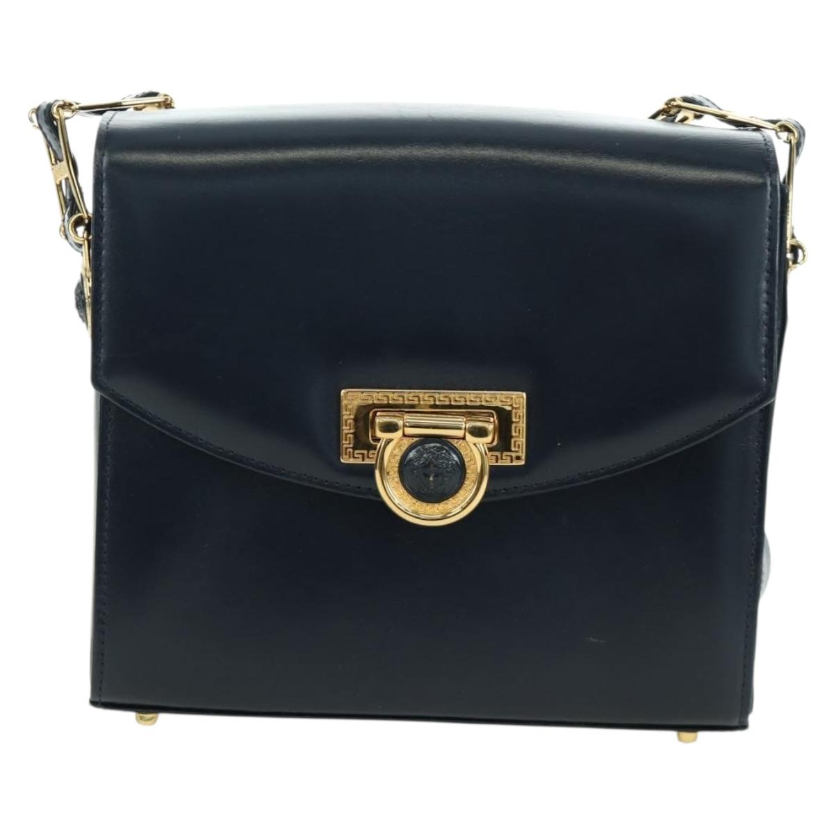 Gianni Versace Shoulder Bag Leather Navy Gold Auth BA10657V