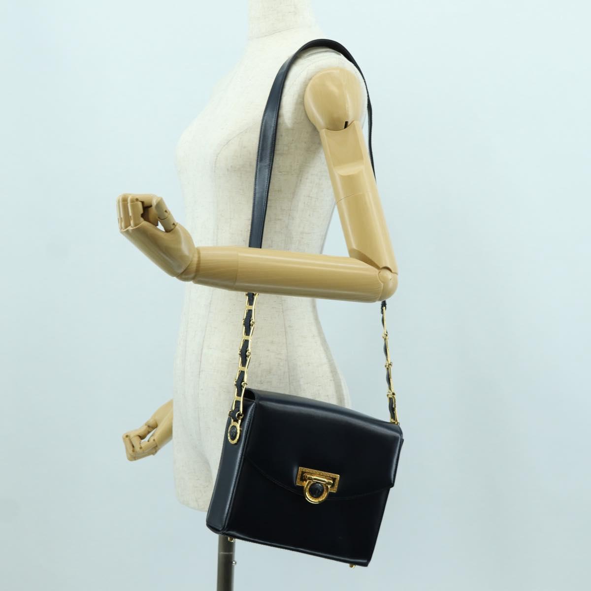 Gianni Versace Shoulder Bag Leather Navy Gold Auth BA10657V