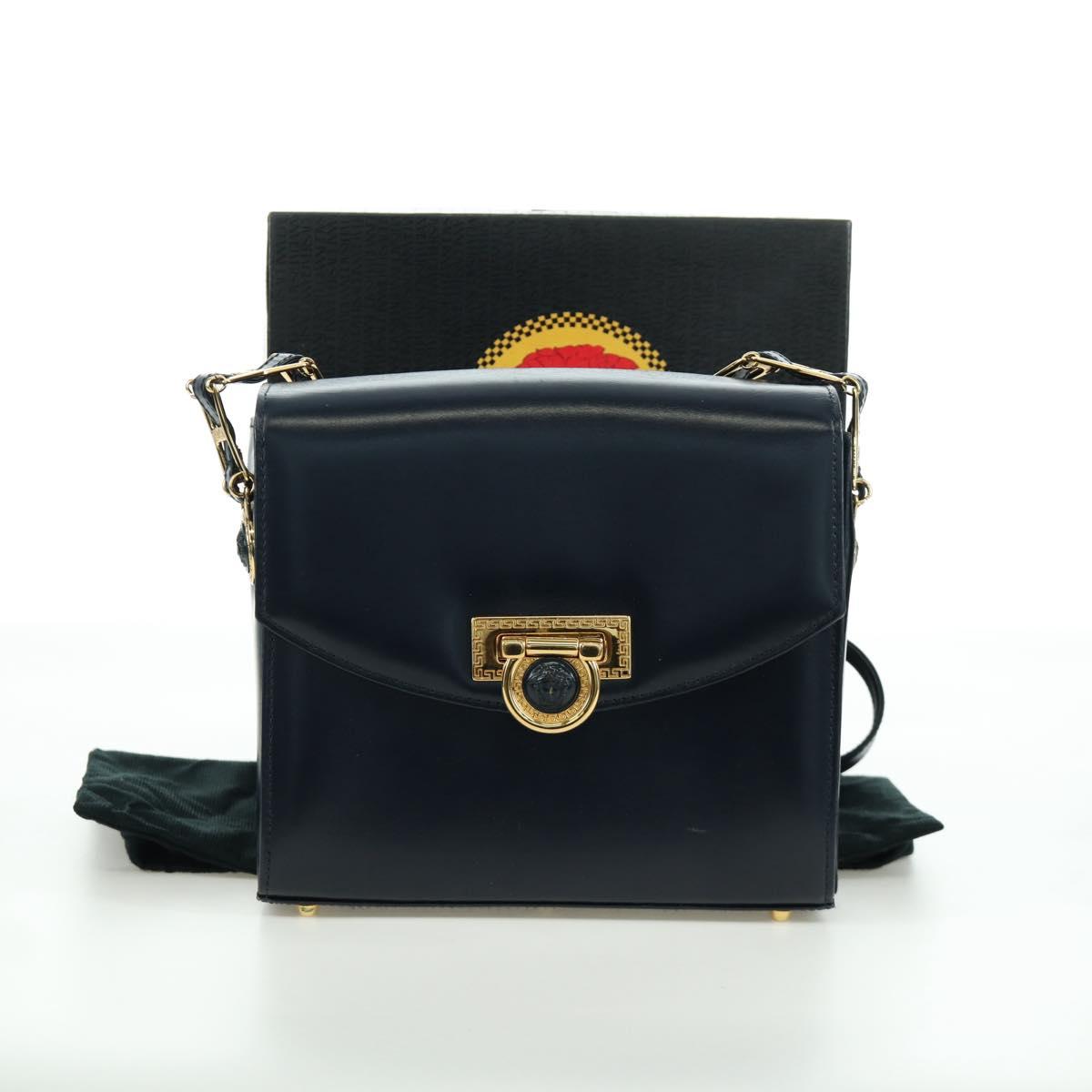 Gianni Versace Shoulder Bag Leather Navy Gold Auth BA10657V