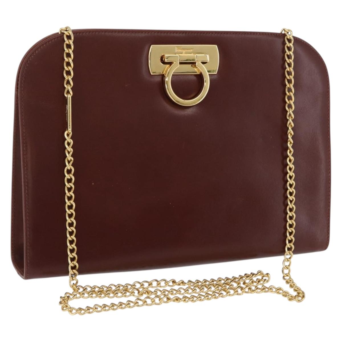 Salvatore Ferragamo Gancini Chain Shoulder Bag Leather Brown Gold Auth BA10665