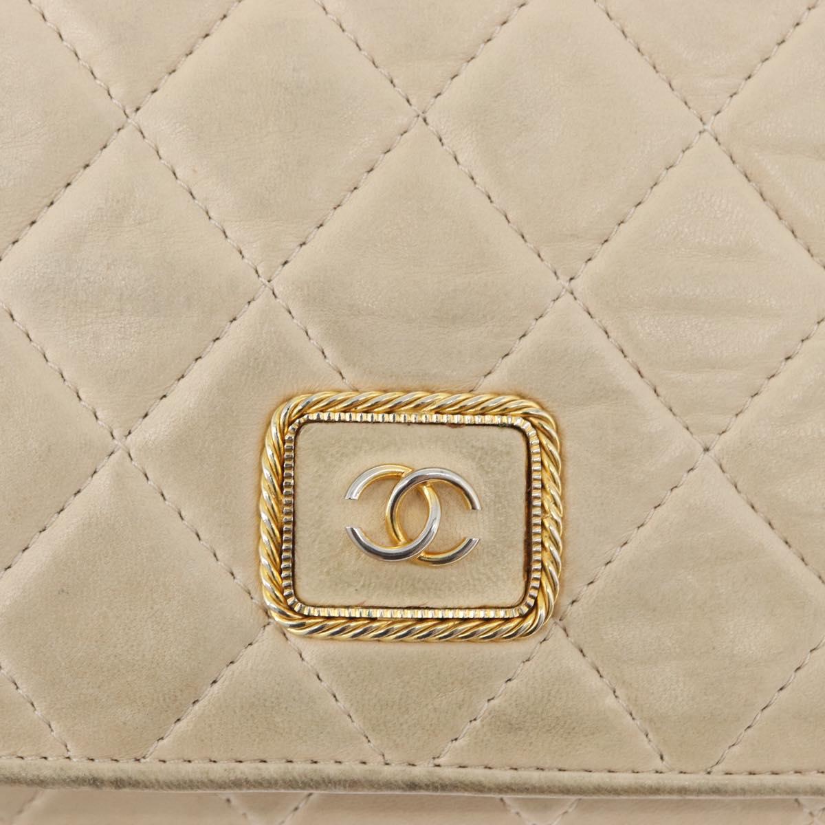 CHANEL Matelasse Chain Shoulder Bag Lamb Skin Beige Gold CC Auth BA10672