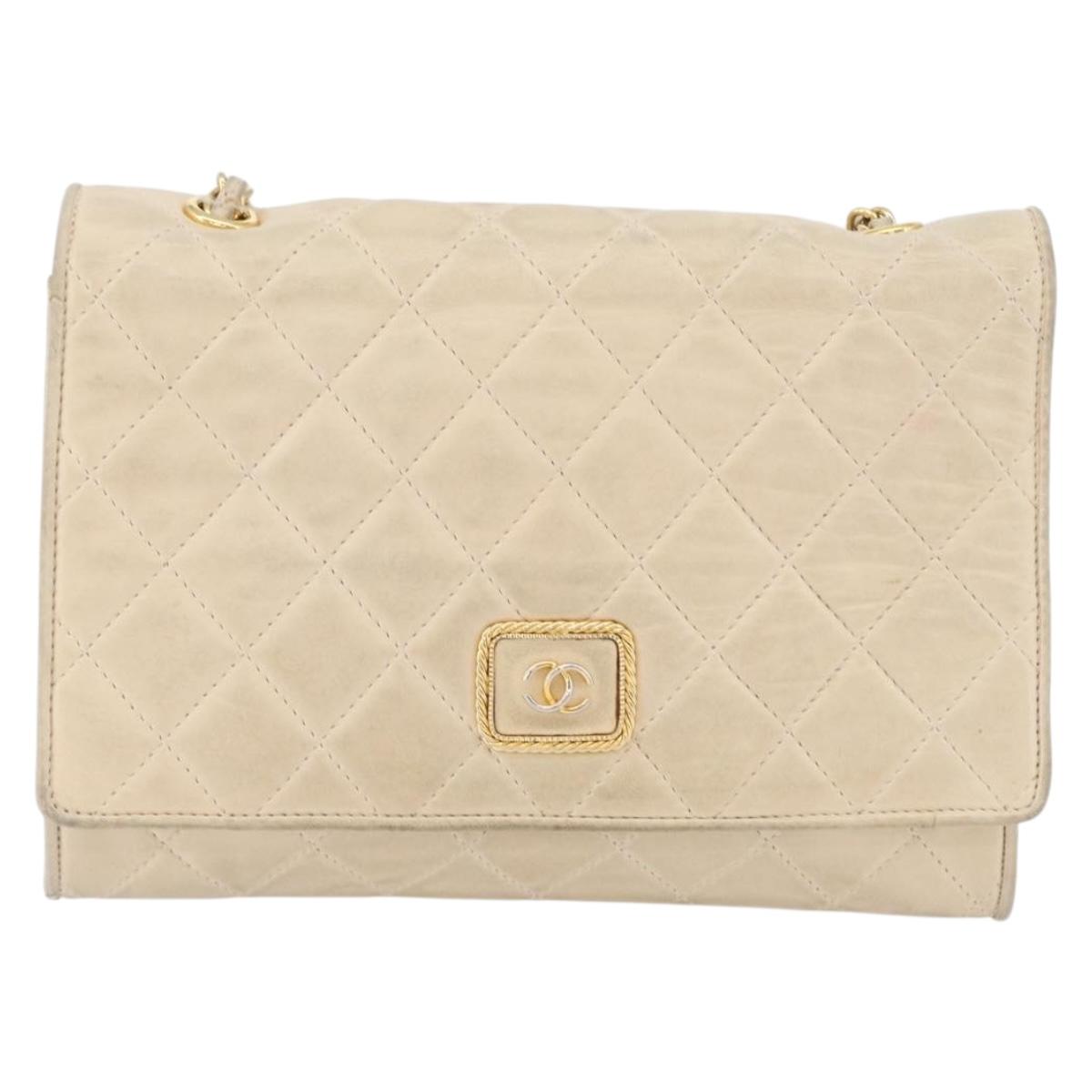 CHANEL Matelasse Chain Shoulder Bag Lamb Skin Beige Gold CC Auth BA10672