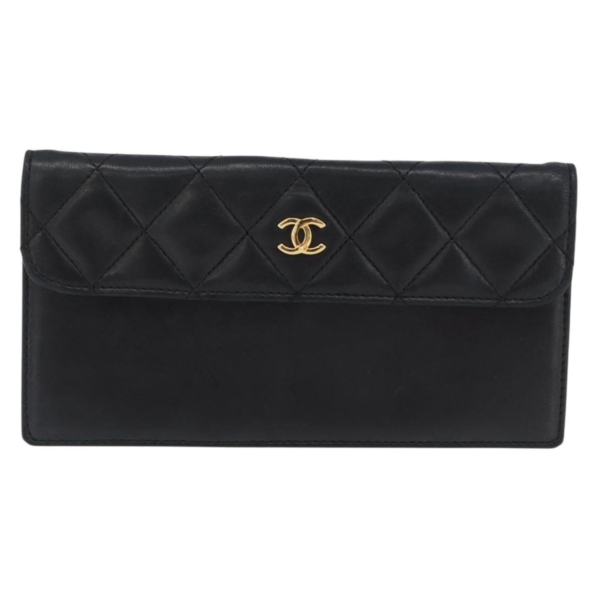 CHANEL Pouch Lamb Skin Black Gold CC Auth BA10701