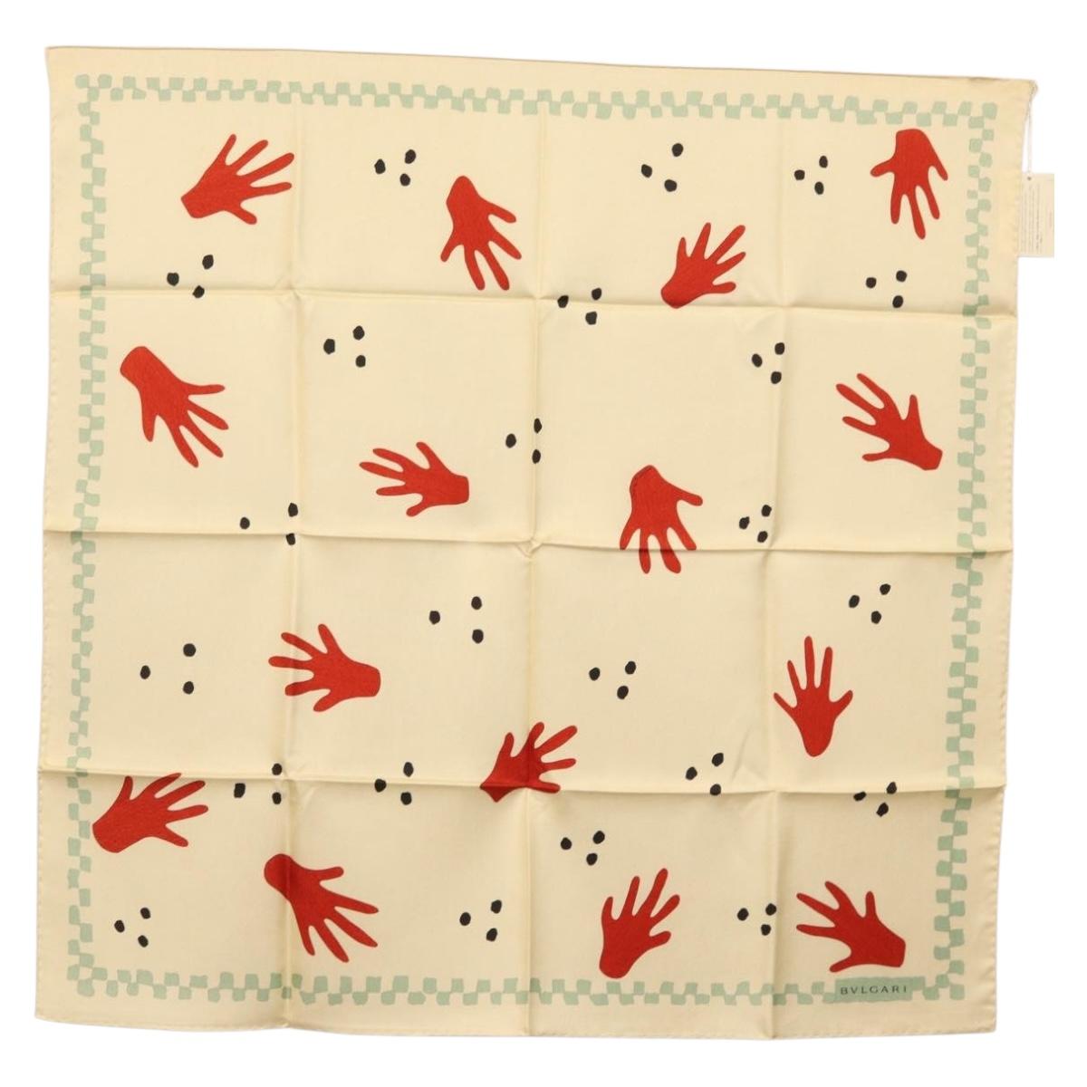 BVLGARI Hand Motif Scarf Silk ""Davide Pizzigoni"" Beige Auth BA10717V