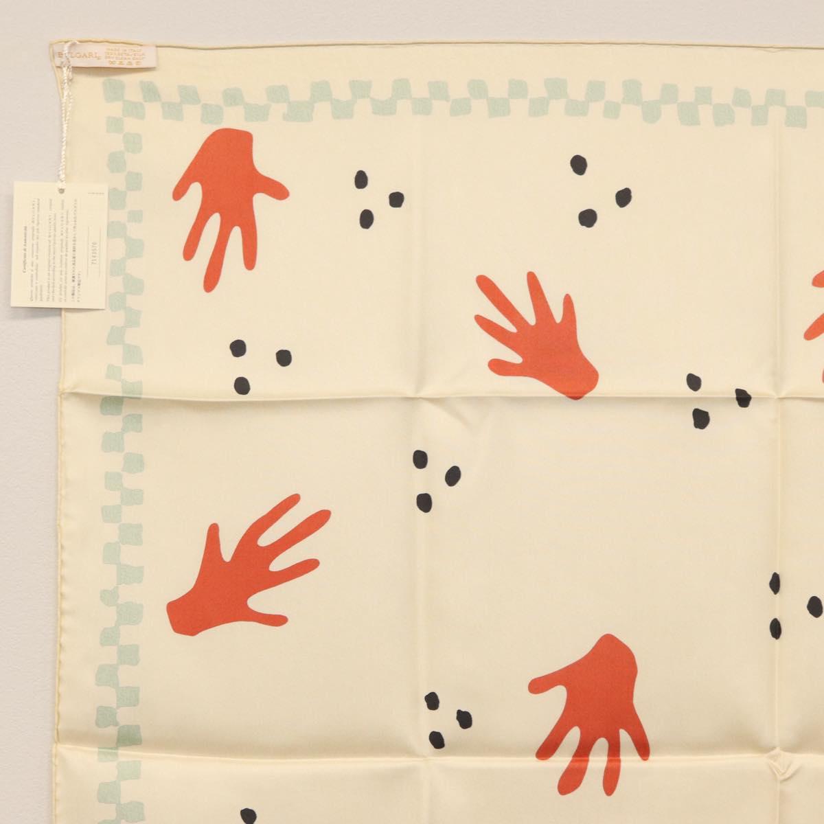 BVLGARI Hand Motif Scarf Silk ""Davide Pizzigoni"" Beige Auth BA10717V