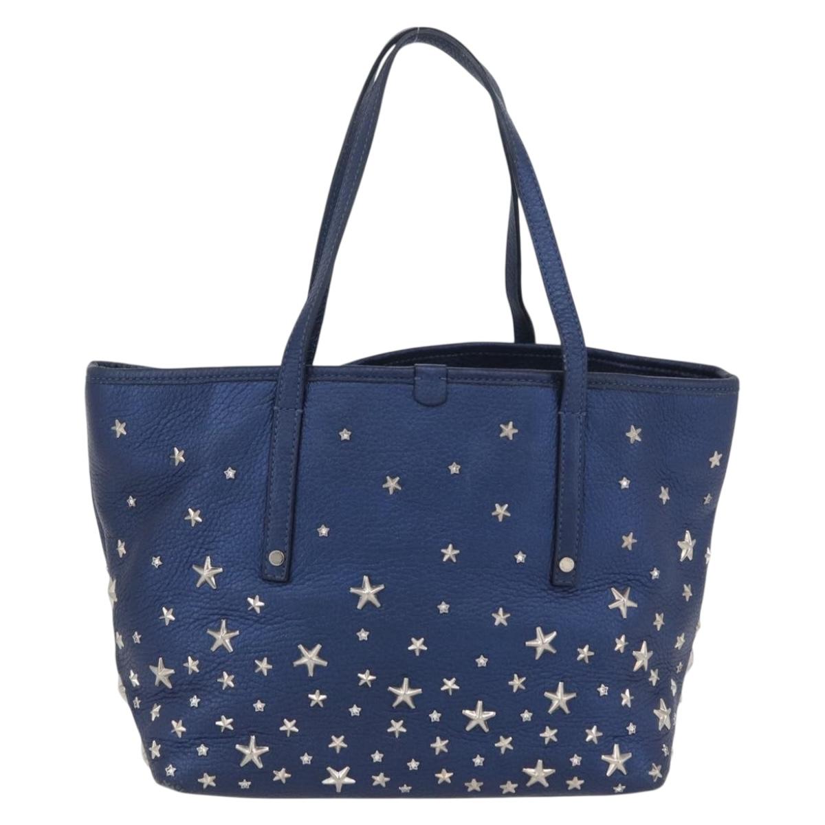 Jimmy Choo Tote Bag Leather Blue Silver Auth BA10728