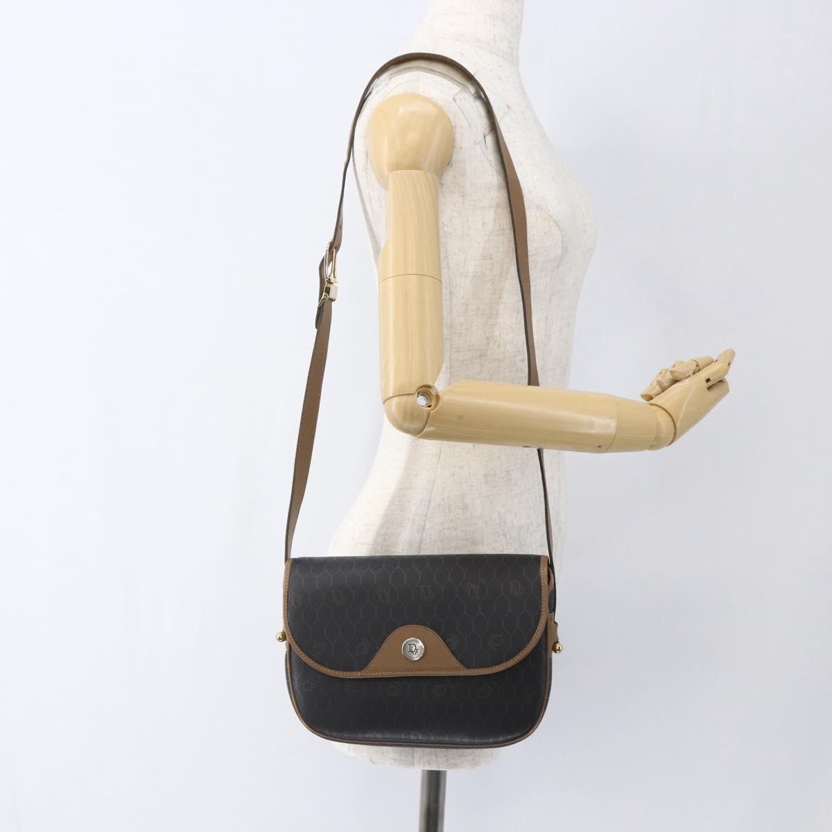 Christian Dior Honeycomb Canvas Shoulder Bag PVC Black Gold Auth BA10729