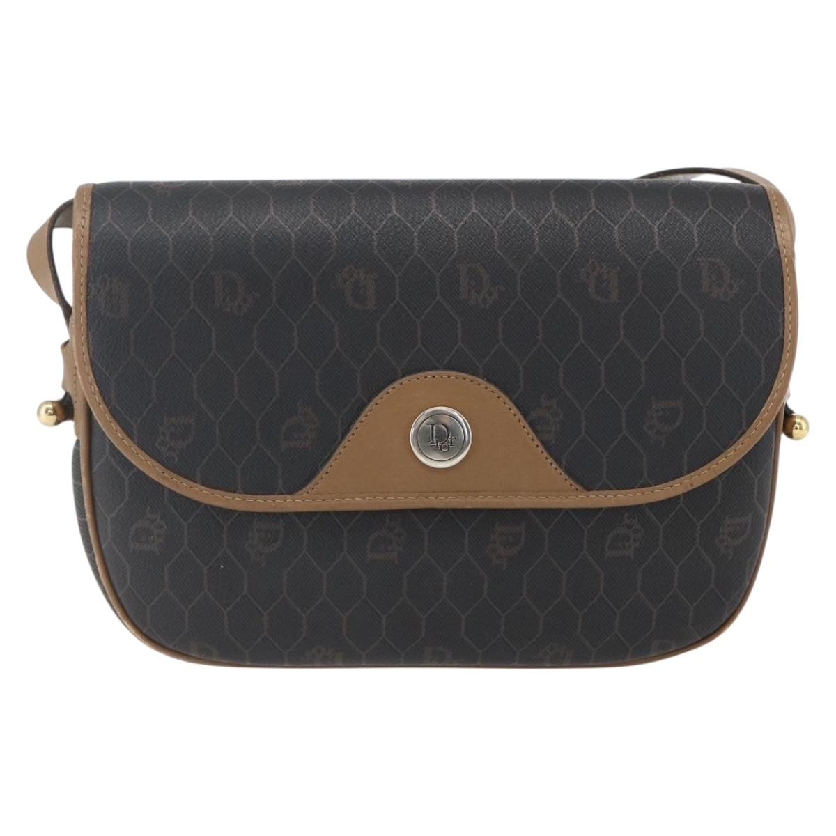 Christian Dior Honeycomb Canvas Shoulder Bag PVC Black Gold Auth BA10729