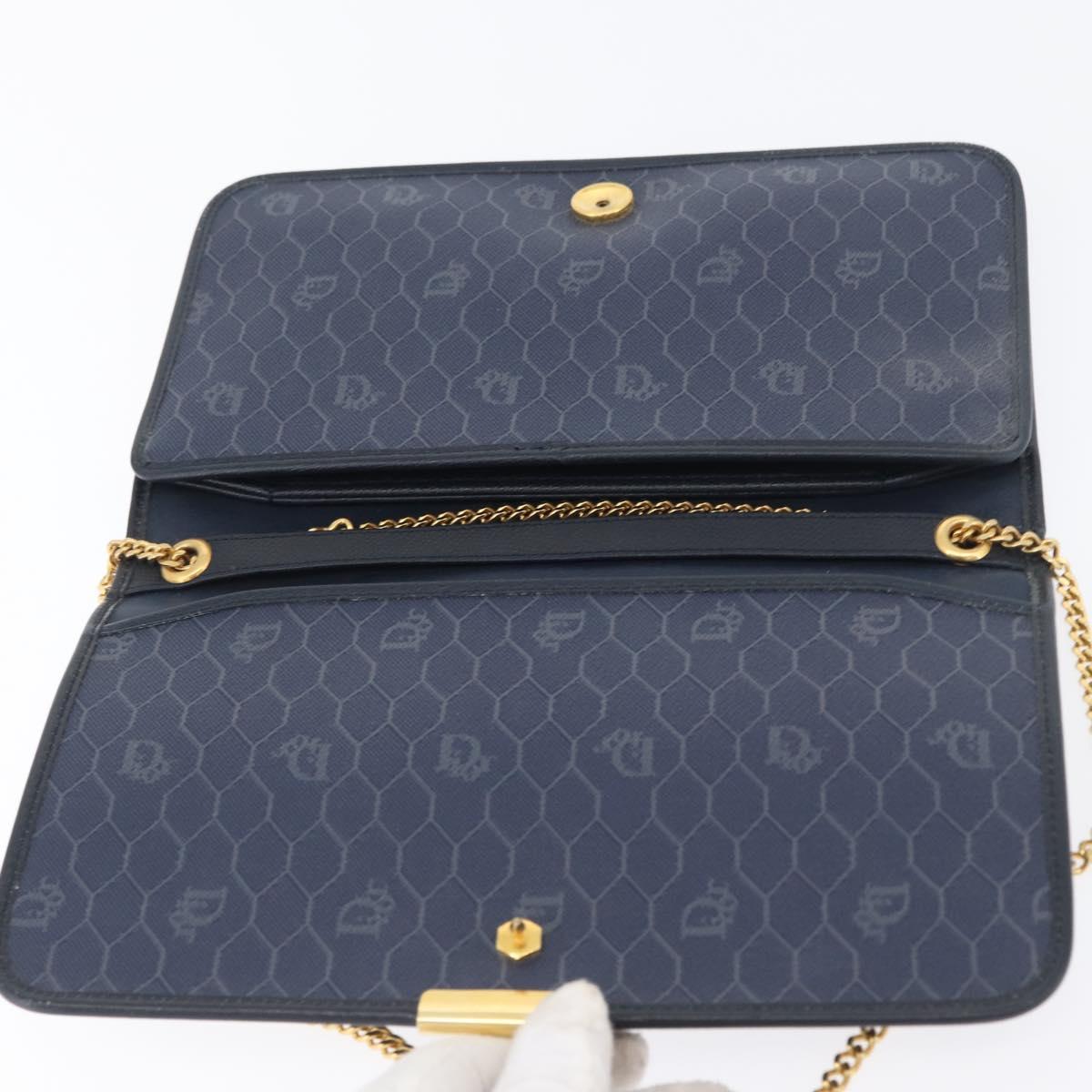 Christian Dior Honeycomb Canvas Chain Shoulder Bag PVC Navy Gold Auth BA10730