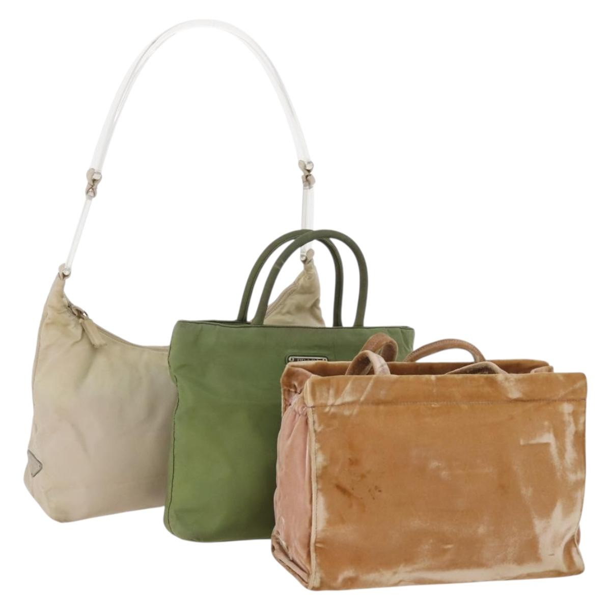 PRADA Shoulder Bag Nylon Velour 3 Set Brown Beige Green Auth BA10734