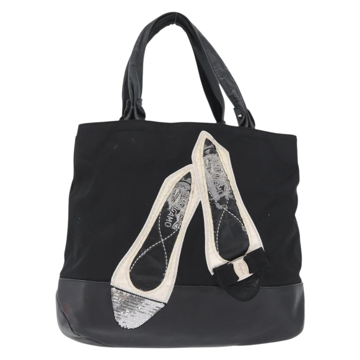 Salvatore Ferragamo Vala Tote Bag Nylon Black Silver Auth BA10741