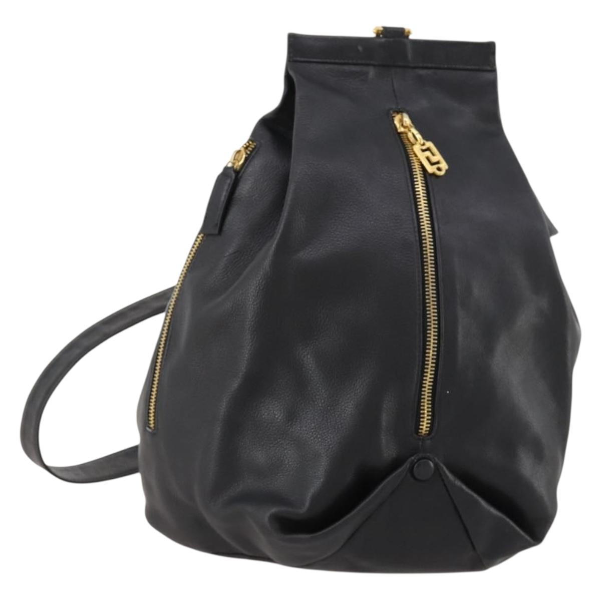 Gianni Versace Shoulder Bag Leather Black Gold Auth BA10749