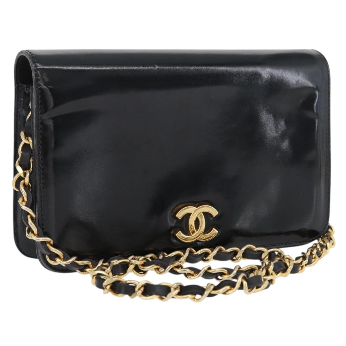 CHANEL Chain Shoulder Bag Patent leather Black Gold CC Auth BA10760