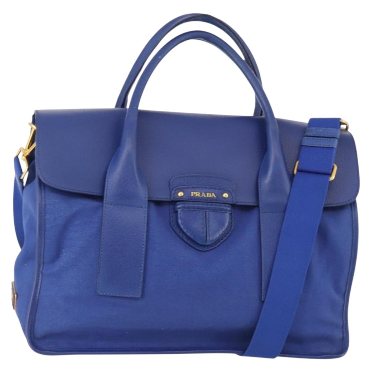PRADA Hand Bag Leather Canvas 2way Blue Gold Auth BA10762