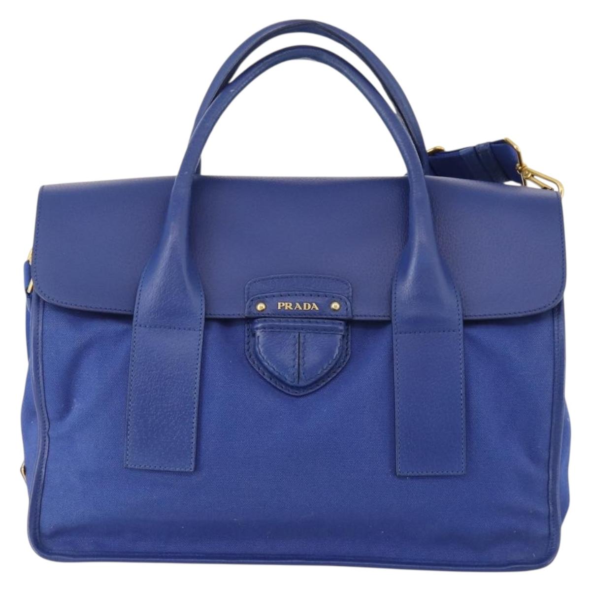 PRADA Hand Bag Leather Canvas 2way Blue Gold Auth BA10762