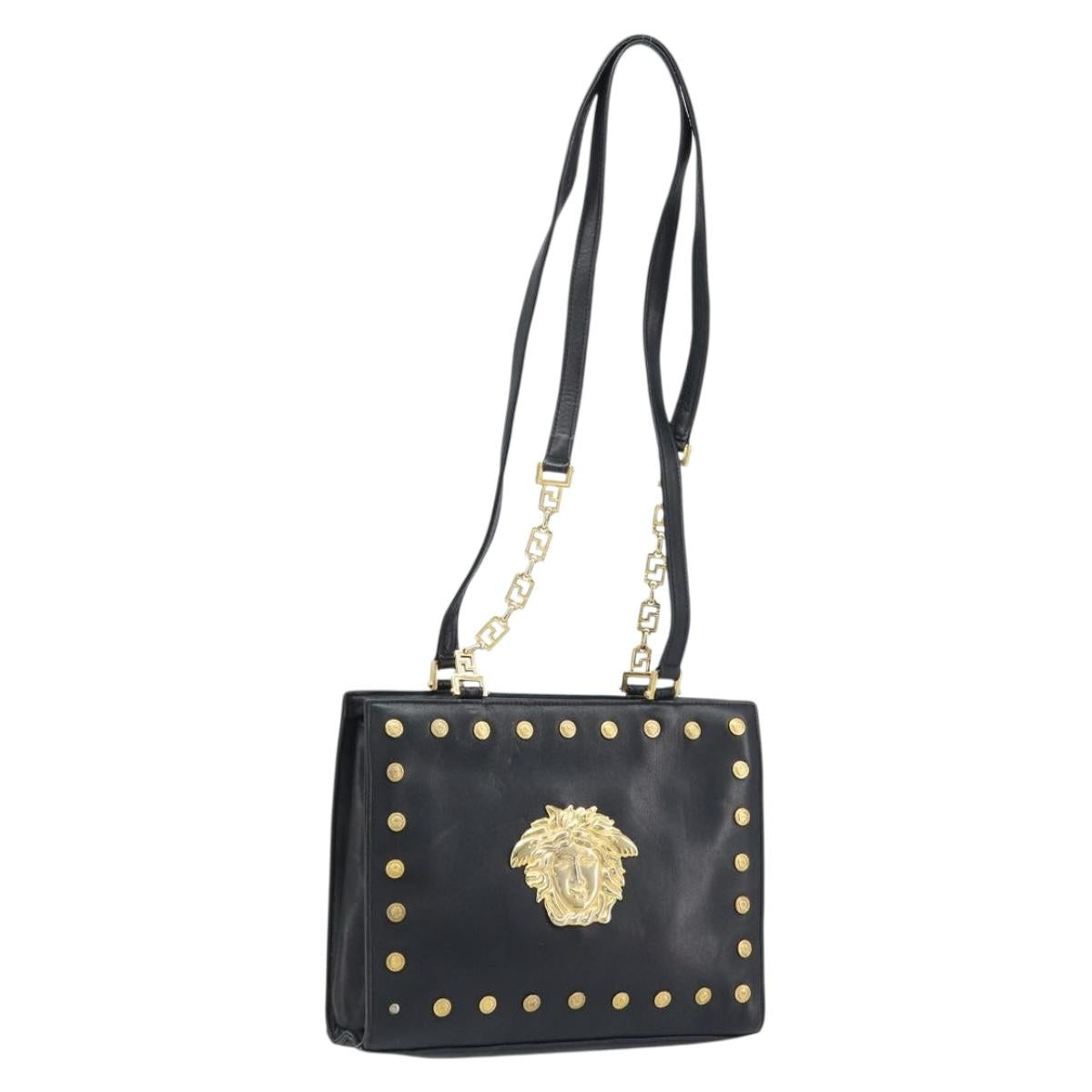 Gianni Versace Shoulder Bag Leather Black Gold Auth BA10801