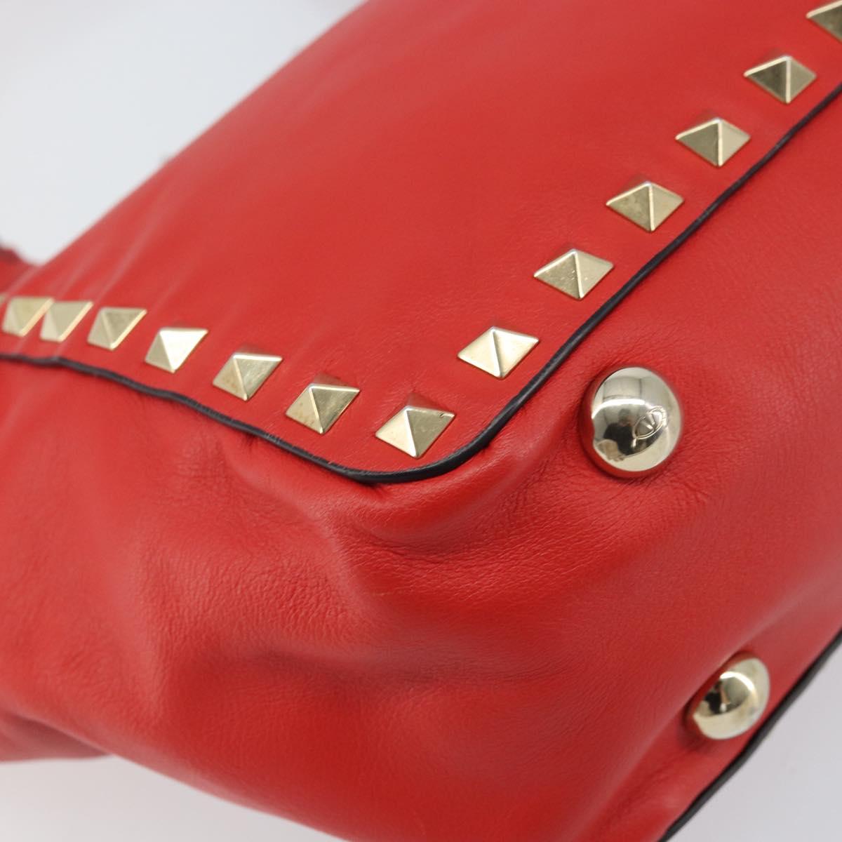 VALENTINO Rock studs Hand Bag Leather 2way Red Gold Auth BA10808