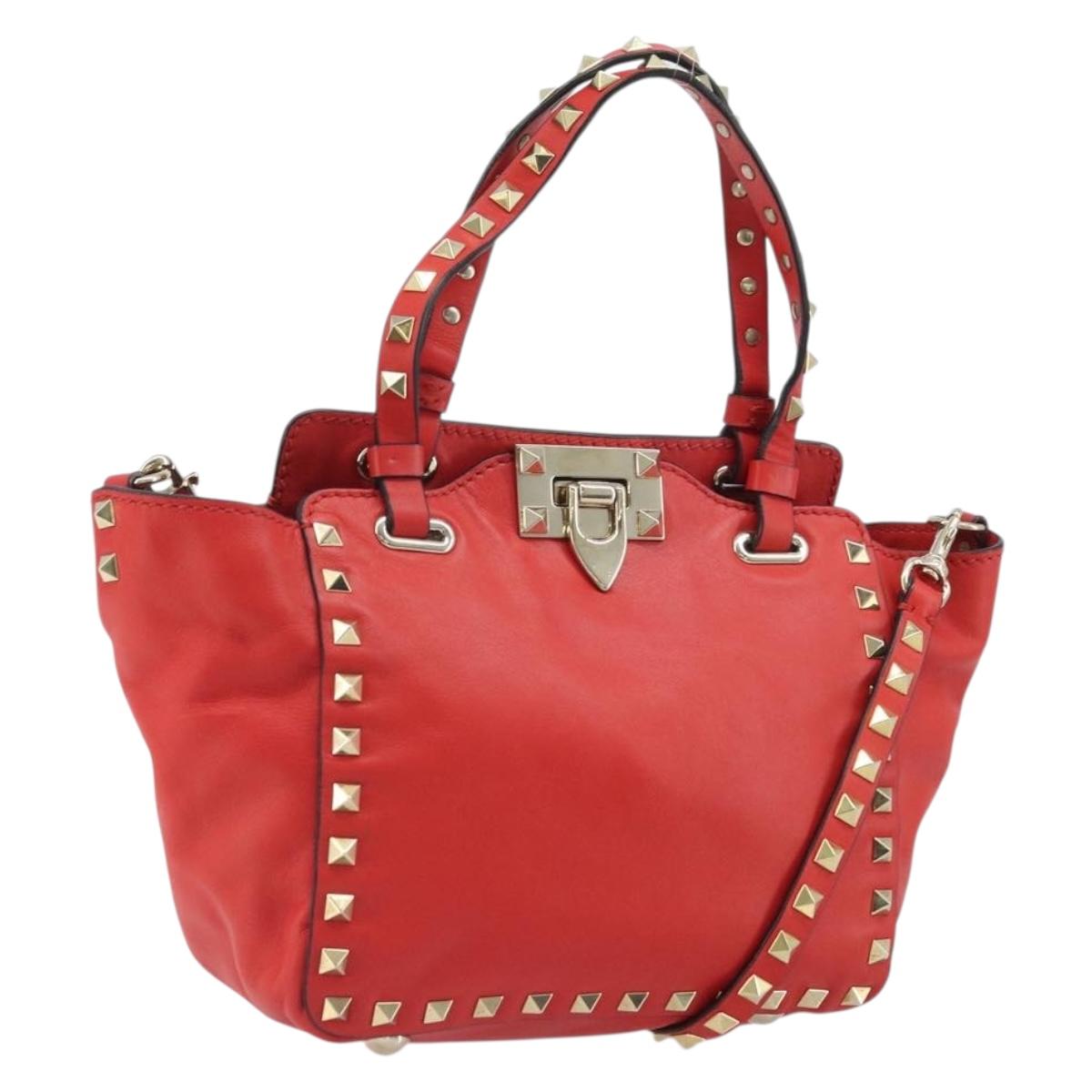VALENTINO Rock studs Hand Bag Leather 2way Red Gold Auth BA10808