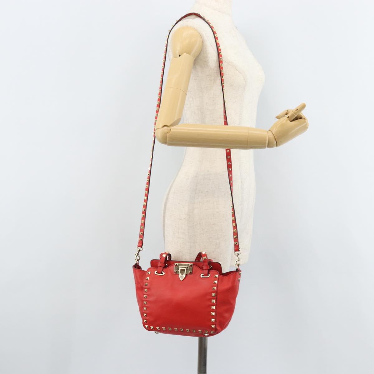 VALENTINO Rock studs Hand Bag Leather 2way Red Gold Auth BA10808