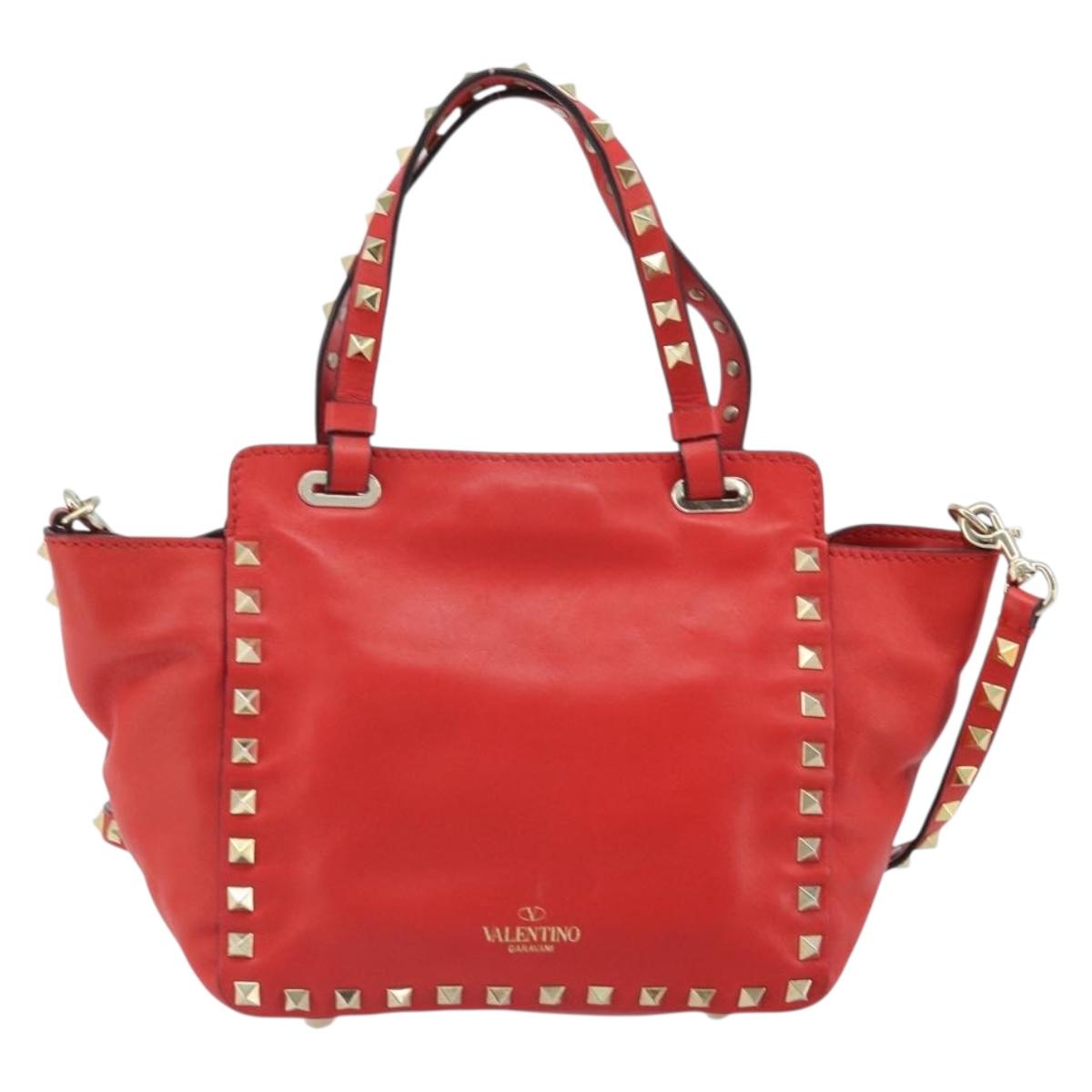 VALENTINO Rock studs Hand Bag Leather 2way Red Gold Auth BA10808