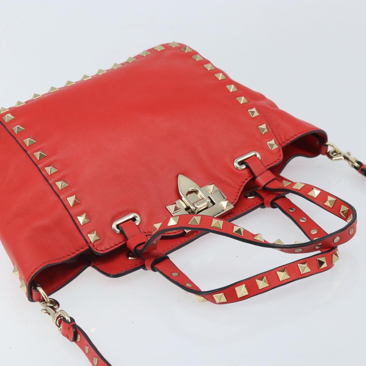 VALENTINO Rock studs Hand Bag Leather 2way Red Gold Auth BA10808