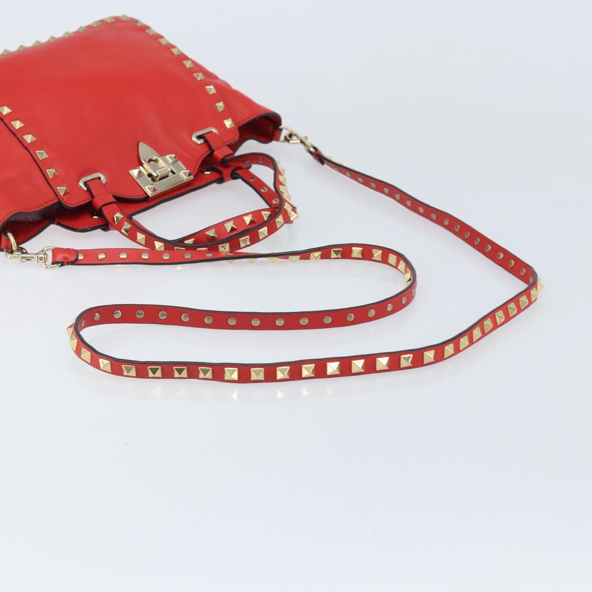VALENTINO Rock studs Hand Bag Leather 2way Red Gold Auth BA10808
