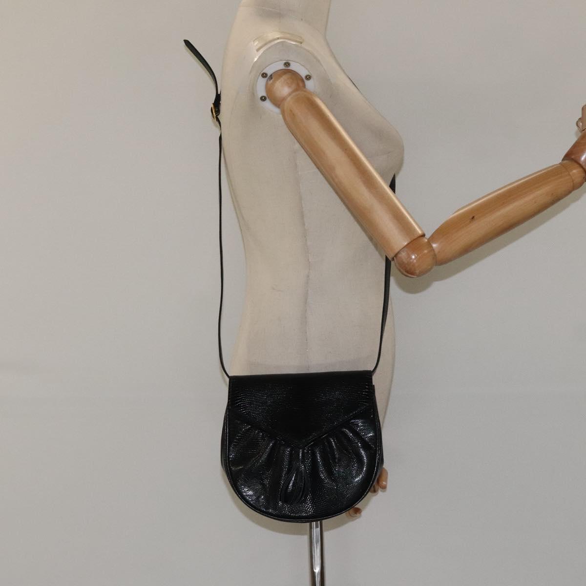 SAINT LAURENT Shoulder Bag Leather Embossed Black Gold Auth BA1084