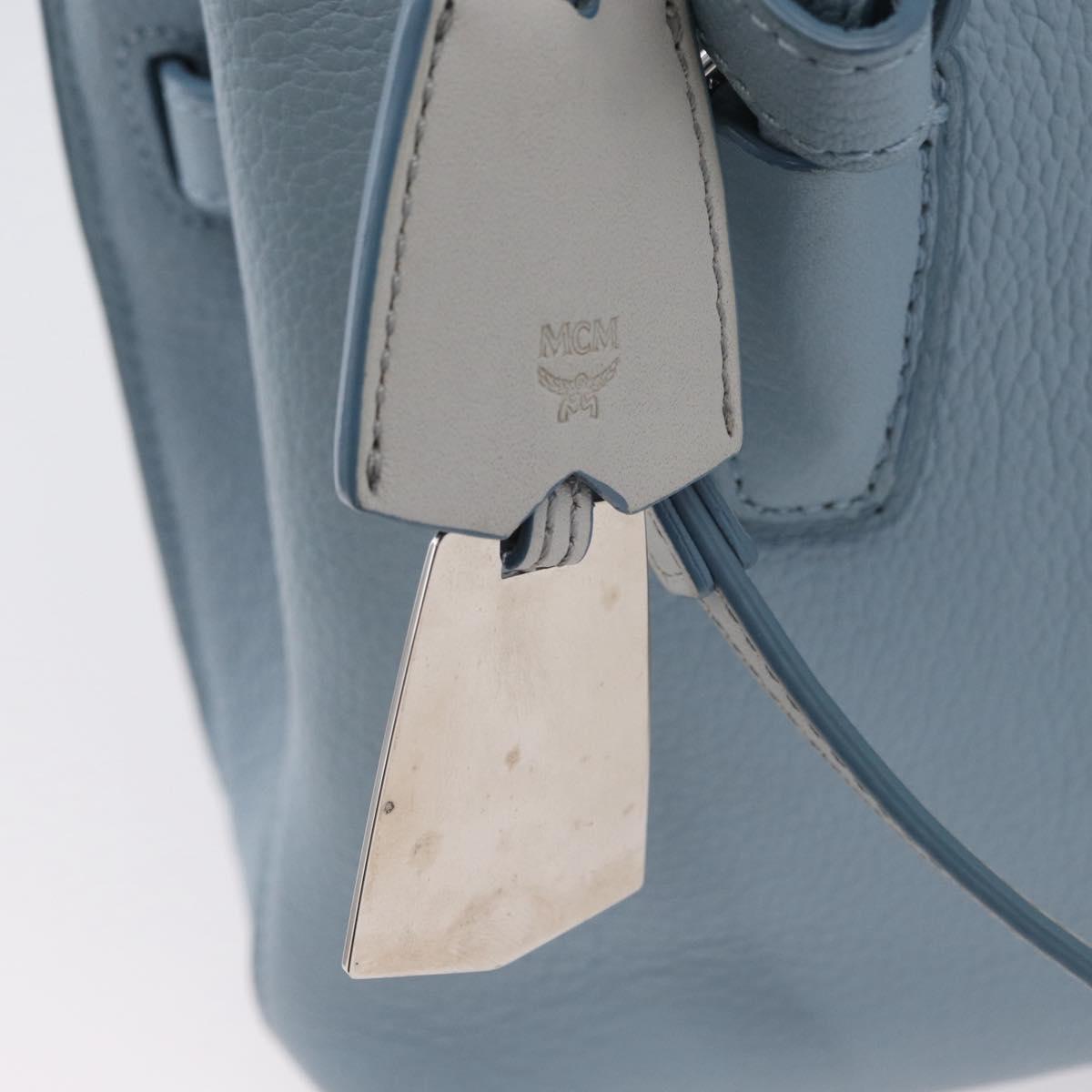 MCM Hand Bag Leather 2way Light Blue Silver Auth BA10842V