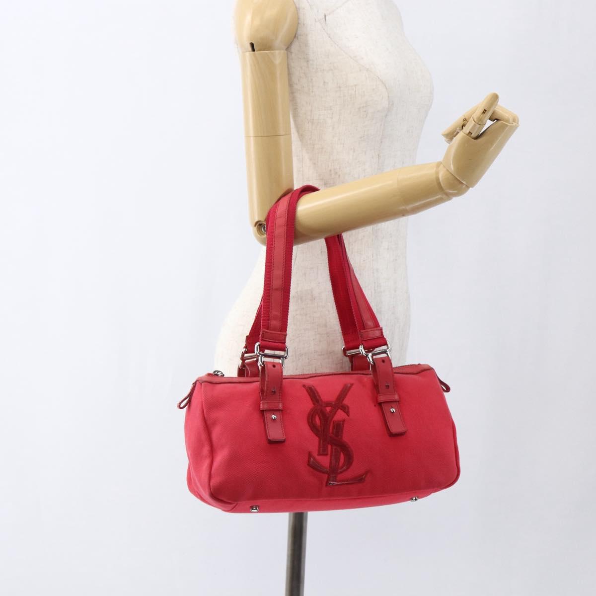 SAINT LAURENT Hand Bag Canvas Red Silver 129360 Auth BA10853