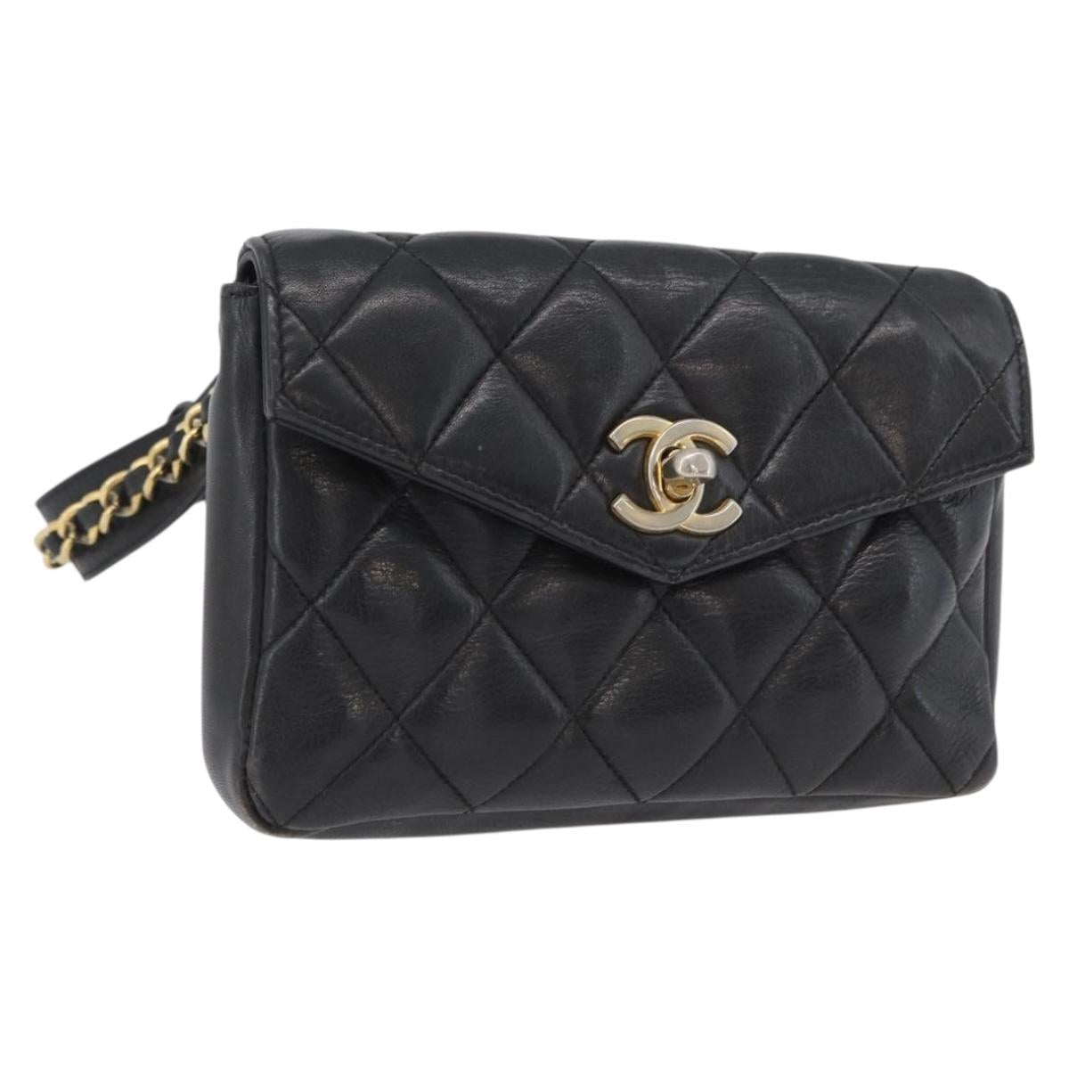 CHANEL Matelasse Waist Bag Leather Black Gold CC Auth BA10856