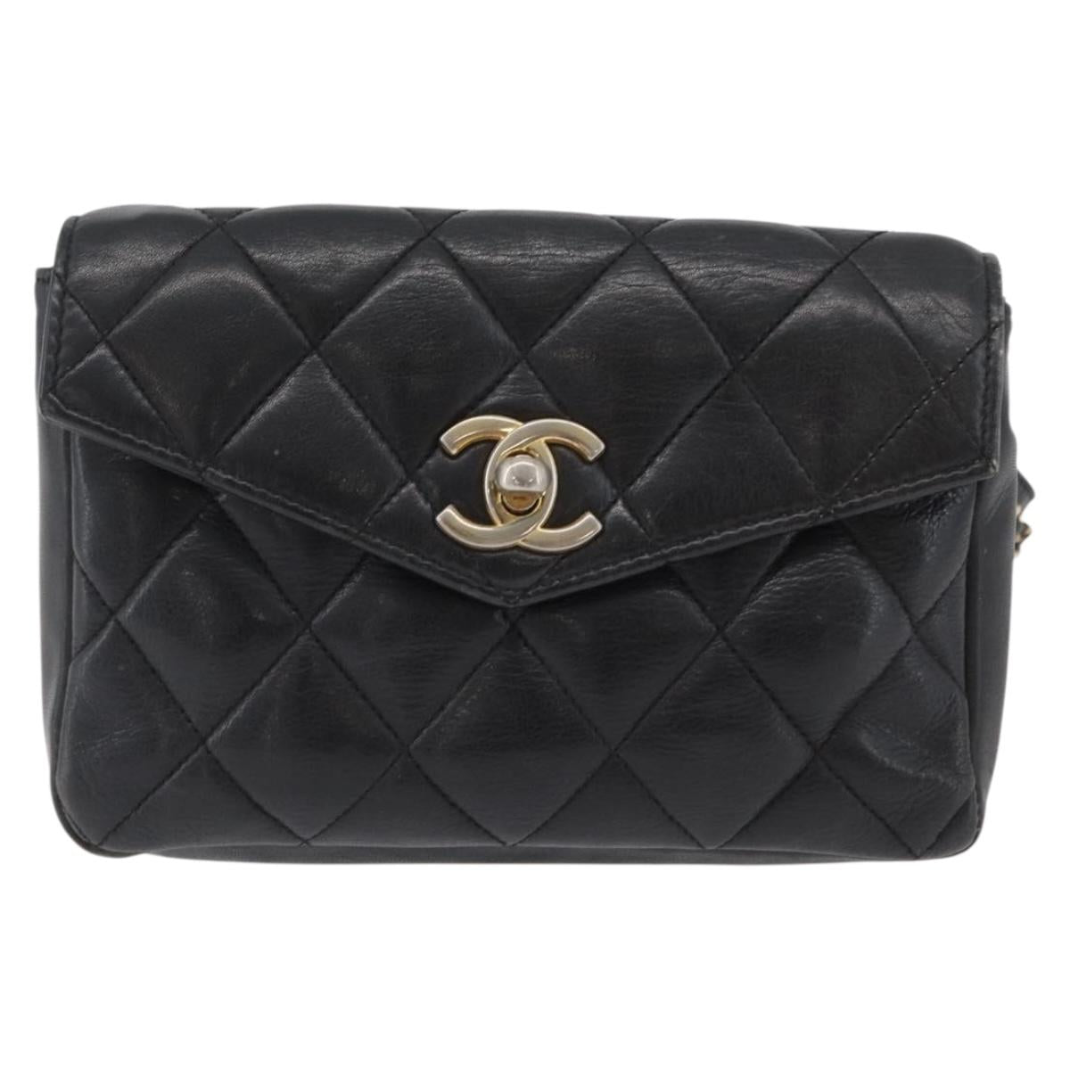 CHANEL Matelasse Waist Bag Leather Black Gold CC Auth BA10856