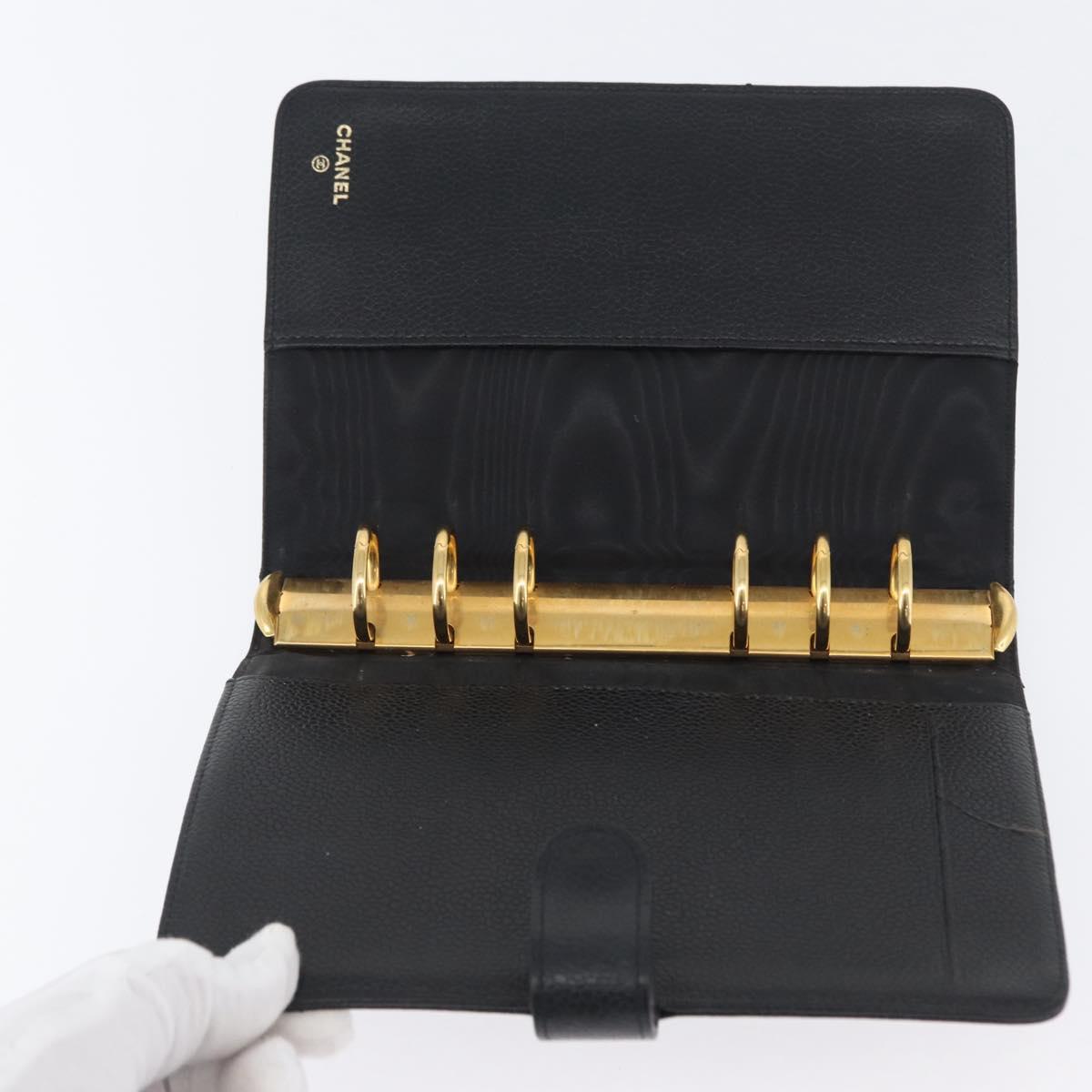 CHANEL Day Planner Cover Caviar Skin Black Gold CC Auth BA10875