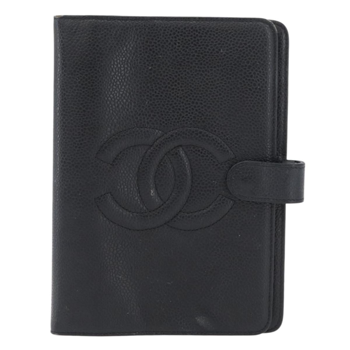 CHANEL Day Planner Cover Caviar Skin Black Gold CC Auth BA10875